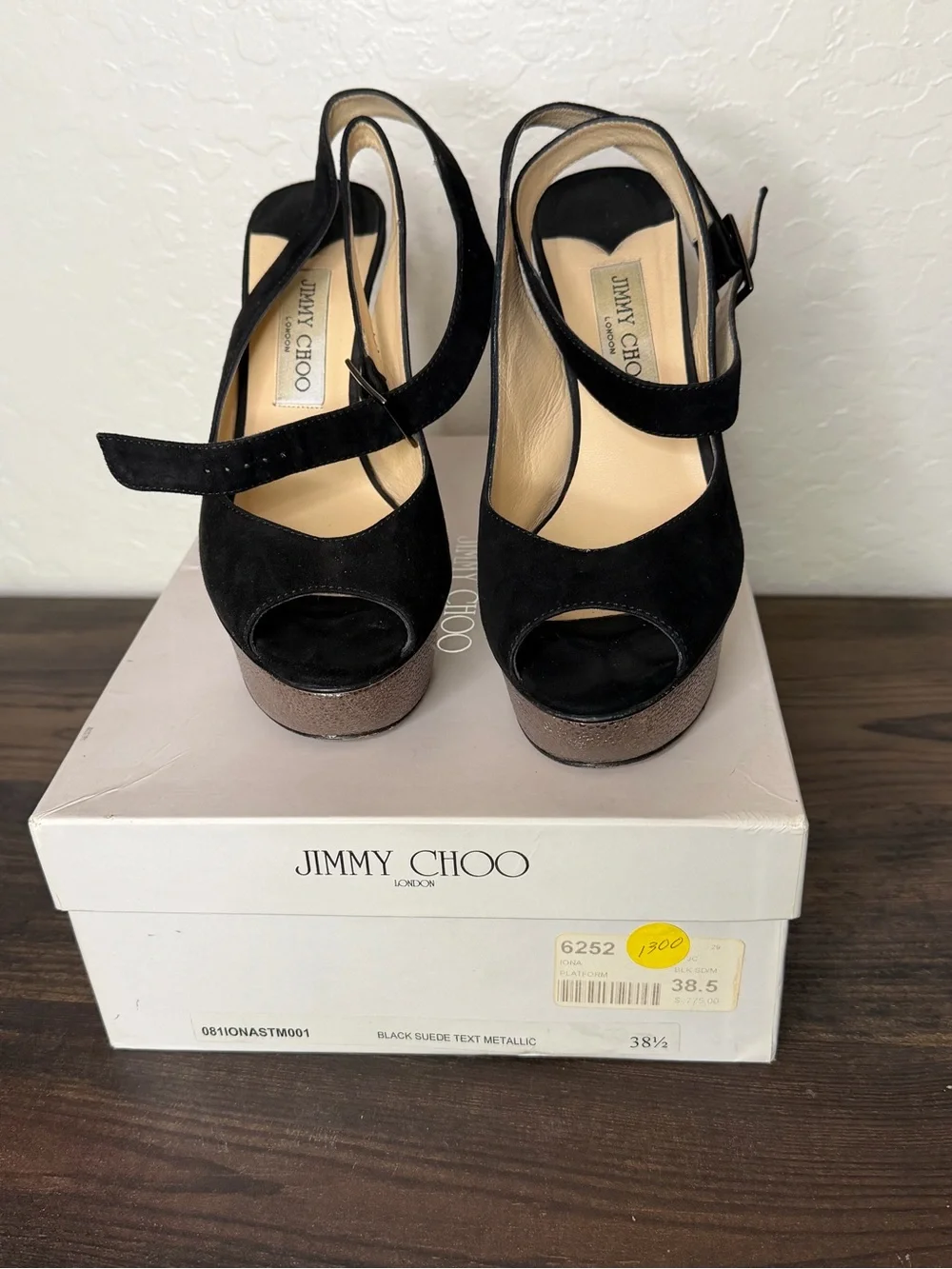 Jimmy Choo Black Suede Platform Slingback Heels with Metallic Block Heel